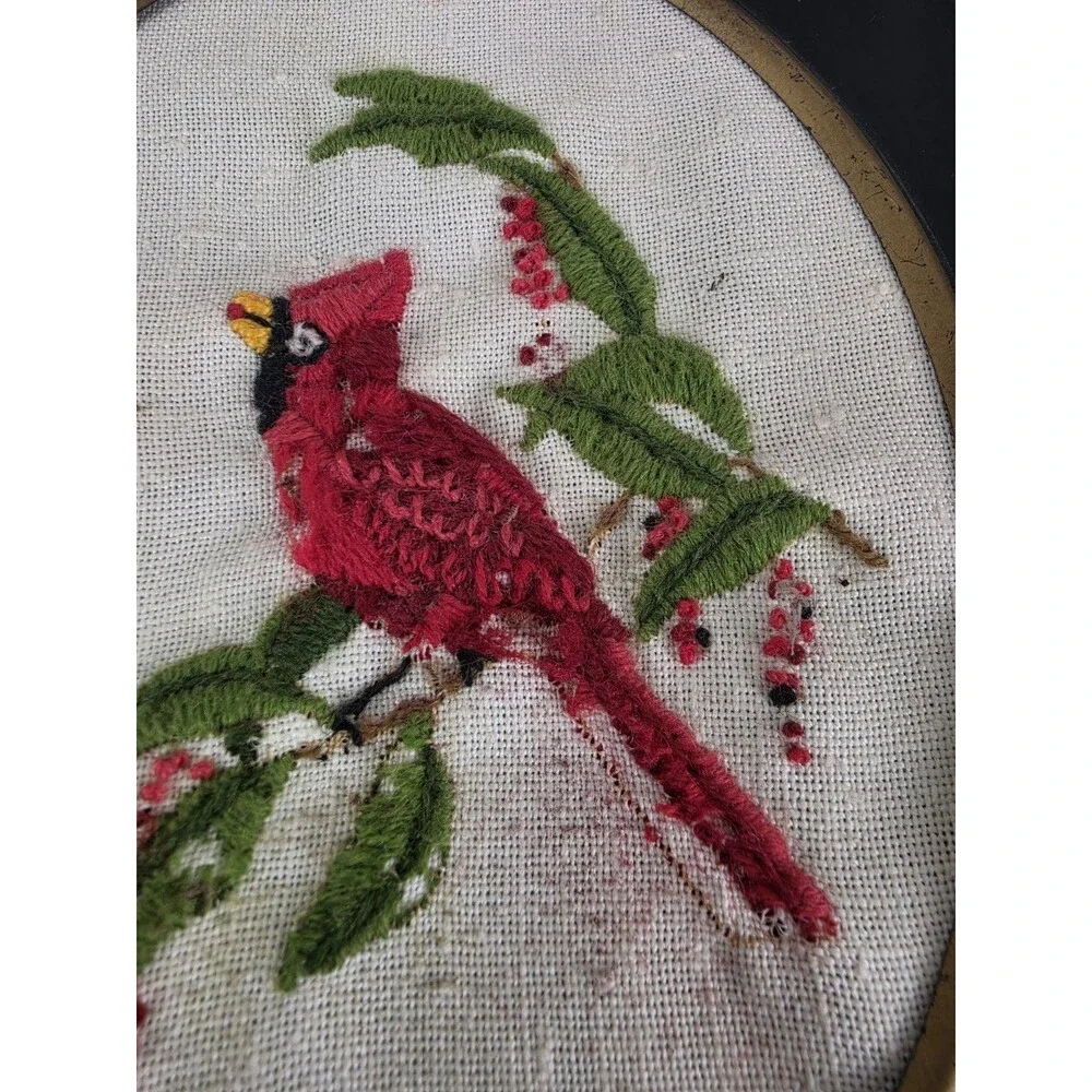 Vintage Red Cardinal Bird Mid Century Embroidery Handmade Hand Stitched Wall Art